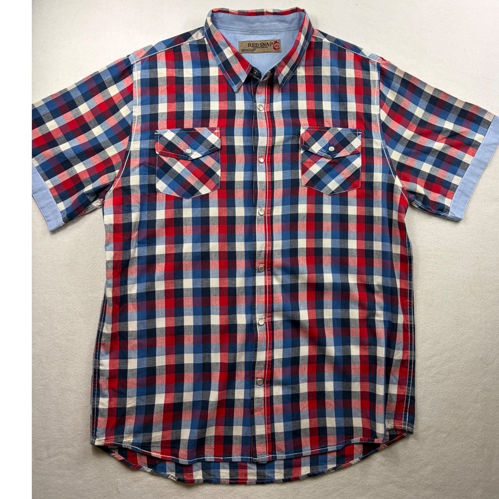 Red Snap Clothing Co Mens Plaid Short Sleeve Western Snap Shirt Red Blue XL Boho